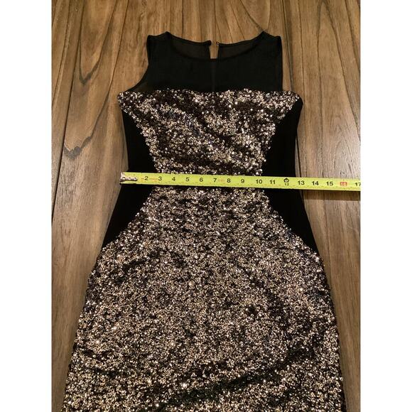 Aidan Mattox Illusion Sequined Sheath Mini Dress Sleeveless Black Gold US 0 - Picture 7 of 10